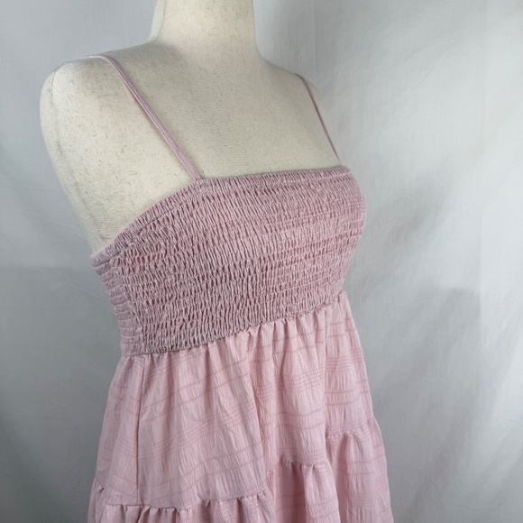 Light Pink Ruched Bodice Baby Doll Mini Dress Spaghetti Straps Swing Size L - Picture 5 of 16